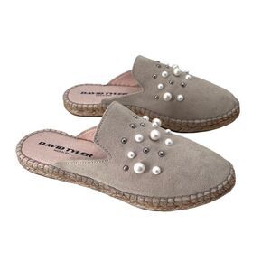 David Tyler Beige Suede Embellished Espadrille Slide Mule Sandals